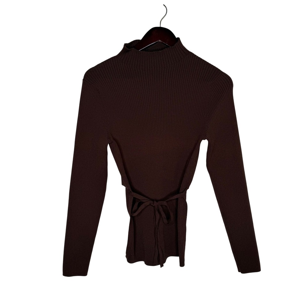 Babaton Sculpt Knit Mockneck Tie Top Women L Brown Ribbed Minimalist Luxury